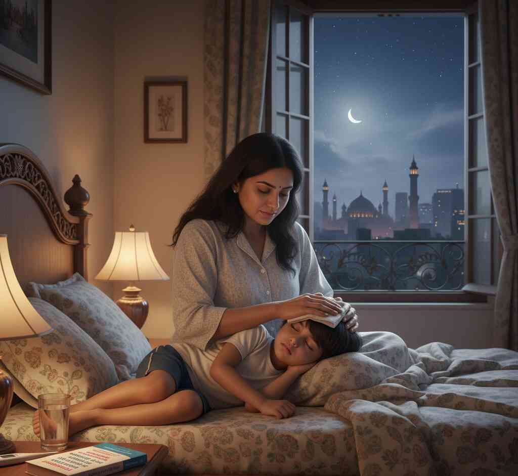 A concerned parent checking the temperature of their child who has a fever at night.