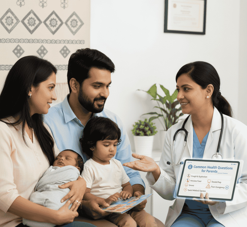 A doctor answering common parenting questions about child health in Ahmedabad.